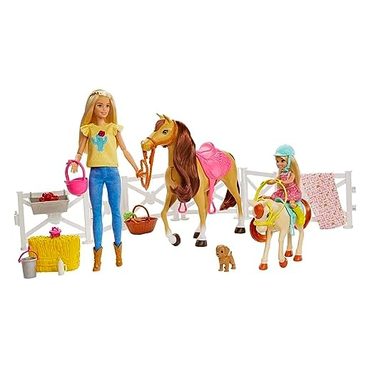 Barbie Famille coffret Amies des Animaux, poupée et mini-poupée Chelsea, cheval, poney, chiot et accessoires, emballage fermé, jouet pour enfant, GLL70