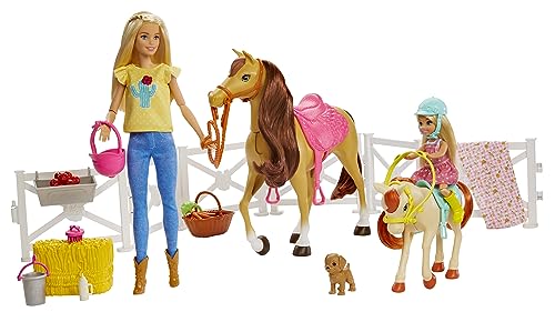 Barbie Famille Coffret Amies des Animaux, poupée et Mini-poupée Chelsea, Cheval, Poney, Chiot et Accessoires, Emballage fermé, Jouet pour Enfant, GLL70