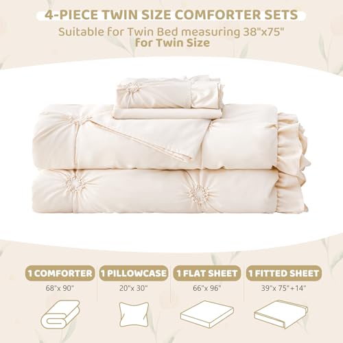 Image of Twin Comforter Set for Girls, Boho Pintuck Bedding Comforter Sets, 4 Pieces Ruffles Jacquard Embroidery Twin Bedding Sets with Comforter, Fitted Sheet, Flat Sheet and Pillowcase, Beige