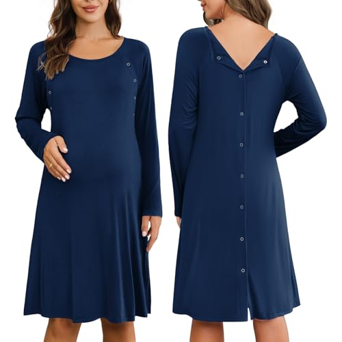 Image of Ekouaer Women Maternity Nightgown Labor Delivery Nursing Gown Hospital Breastfeeding Dress Button Down Long Sleeve Sleepwear
