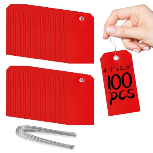 100 Pcs Red Tags with String Blank Shipping Tags with Metal Wire Writable Price Repair Plastic Service for Equipment Product Jewelry Clothing Inventory Car Parts (Red, 4 3/4