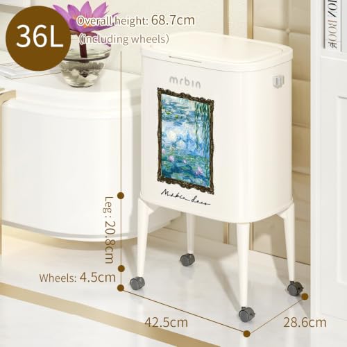 Image of MRBIN Metal Kitchen Trash Can with Wheel Legs, 36L / 9.5gal Medium Press Lid Slim Removable Waste Basket, Pet Proof Tall Narrow Garbage Pail for Vanity, Bedroom, Bathroom, Living Room, Water Lily