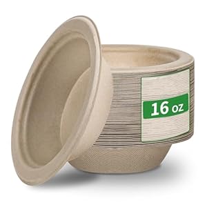 Compostable 16 Ounce 150 Pack Disposable Round Paper Bowls, PFAS-Free, Eco-Friendly, Biodegradable Bagasse For Hot Soup Food Salad Dinner Party, Unbleached Natural Light Brown (150, 16 OZ)