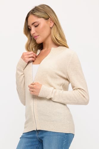 Image of Women's 100% Cashmere Soft Long Sleeve Crew Neck Open Zip Cardigan