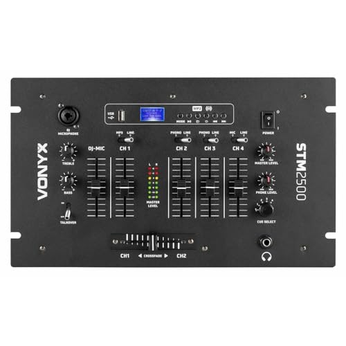 Vonyx STM2500 Table de Mixage 5 Canaux - Technologie Bluetooth sans Fil, Port USB, 4 Entrées Ligne, 2 Entrées Phono, 2 Entrées Micro, 2 Sorties RCA, Sortie Casque,...