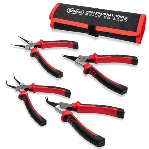 Toolwiz 4 Pcs Snap Ring Pliers Set Heavy Duty, 7-inch Internal/External Retaining Ring Circlip C Clip Pliers, Tip Diameter 5/64'', Straight/Bent Jaw Automotive Tools with Storage Pouch