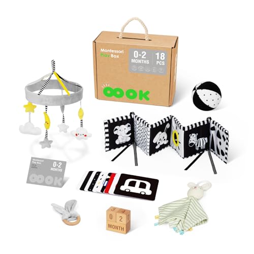 Image of OOOK Baby Toys 0-3 Months Montessori Toys Set, Newborn Toy Includes Soft Baby Book, Black and White Cards, Monthly Milestone, Rabbit Security Blanket and Vision Training Ball etc