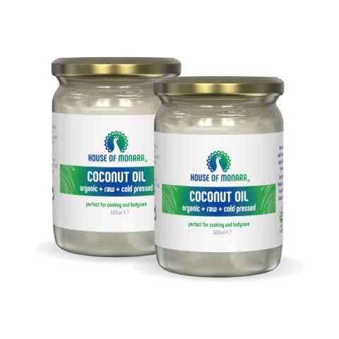 House of Monara Organic Extra Virgin Coconut Oil 1 Litre (500ml x 2 Packs)-Pure, Raw and Cold Pressed, white Cover