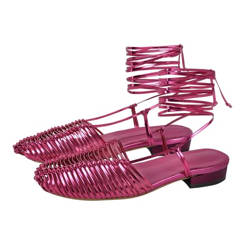 Women’s Woven Flat Sandals Strappy Lace Up Closed Toe Summer Shoes Comfortable Slip On Gladiator Flats with Low Heel