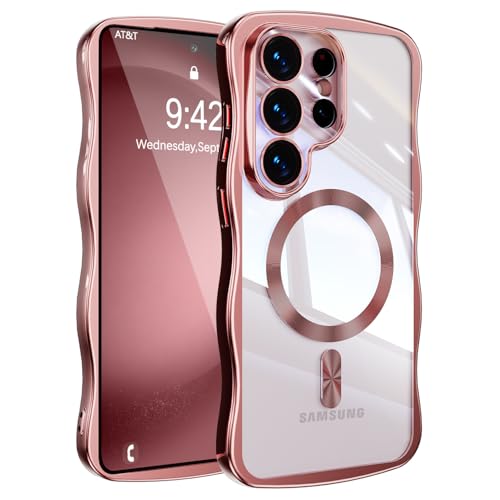 UEEBAI Magnetisch Hülle für Samsung Galaxy S25 Ultra 5G Wellen Rahmenform Transparent Handyhülle mit Kabelloses Laden Kameraschutz Stoßfeste Clear Klar Schutzhülle Case Bumper Cover Rosa