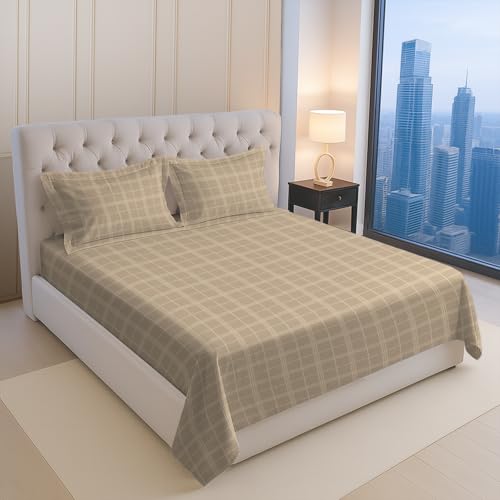 Image of Pizuna 100% Cotton Bedsheet Super King Size with 2 Pillow Covers, 300 Thread Count Long Staple Cotton, Checks Pattern Flat Bed Sheet 108X108 Inch for Superking Bed, Taupe