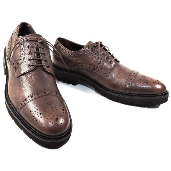 Baldinini Men's Brown Leather Oxford Dress Shoes, Cap Toe Brogue, Lug Sole