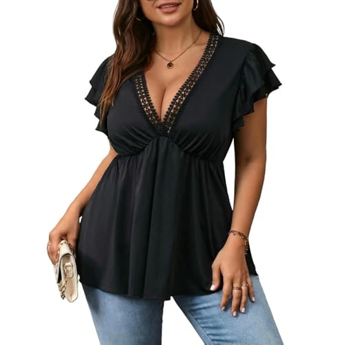 Haut noir élégant pour femme avec col en V fluide et détails dentelle chic ZBDZSW