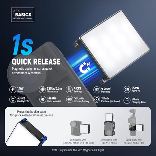Image of NEEWER Basics Bi Color Magnetic LED Camera Light Compatible with DJI OSMO Nano Action 3 4 5 Pro Cage AC009 PRO Pocket 3 Accessories Bracket, 1.5W Plastic Selfie Vlog Fill Light Attachment CRI95+, M25