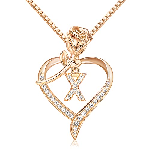 Heart Necklaces for Women Gold Heart Pendant Initial Necklaces for Women Dainty Cubic Zirconia A-Z Letter Rose Heart Necklace Jewerly Birthday Gifts f
