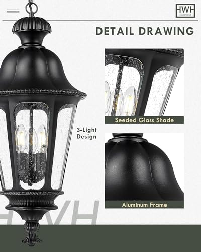Image of Outdoor Pendant Lights for Porch, HWH 26'' Large Exterior Hanging Light Fixtures with Seeded Glass, Outdoor Hanging Chandelier for Porch Patio Gazebo Hallway, Matte Black Finish, 5HW90H-L BK