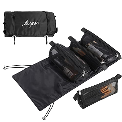 Neceser de Viaje Impermeable, Bolsas de Aseo Colgantes Desmontables 4 en 1, Bolsa Organizadora Plegable, Bolsa de Cosméticos Separable para Hombre y Mujer | Negro