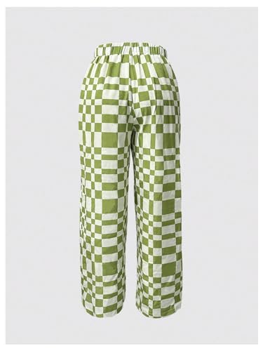 OYOANGLE Women's Plaid Drawstring Waist Pants Straight Leg Casual Trousers with Pocket2