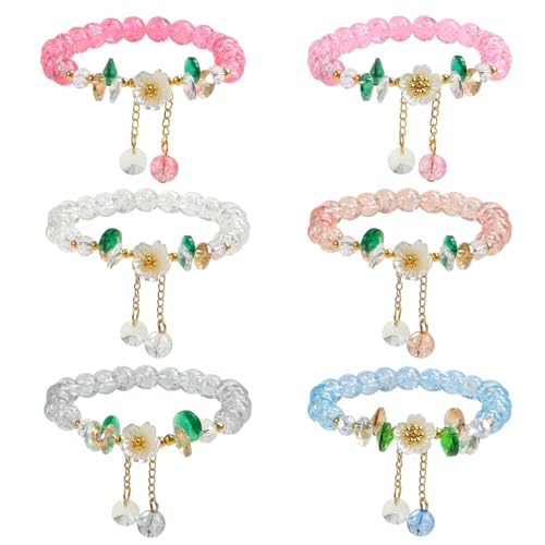 6Packs Colorful Flower Crystal Bracelets,Handmade Stretch Bracelet Floral Beaded Bracelets for Women Jewelry