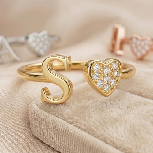 Image of Initial Rings for Teen Girls - S925 Heart Sterling Silver Rings for Teen Girls | 14K Gold /Rose Gold /Sterling Silver Plated Ring for Girls Kids Women Ring for Teenager Girls Gifts Adjustable, No Tarnish, Hypoallergenic