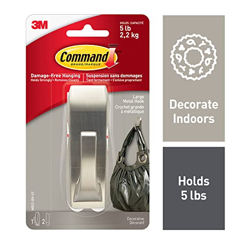 Image of Command MR03-BN-EF Modern Reflections Metal Hook, Large, Brushed Nickel, 1 Hook 2 Large Strips