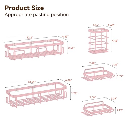 Image of YASONIC Shower Caddy Adhesive, 100% Rustproof Shower Organizer with Soap and Toothbrush Holder, Large Capacity Shower Shelves for Inside Shower, No Drill Shower Storage for Home (5 Pack Pink)