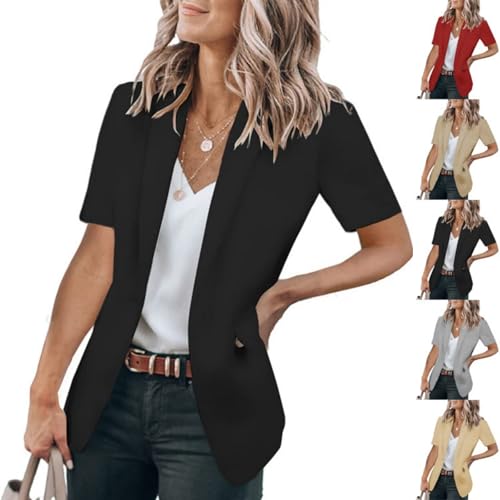Casual Blazer for Women Short Sleeve Blazers Summer Dressy Office Jackets Lapel One Button Open Front Jacket Cardigan - Main Image