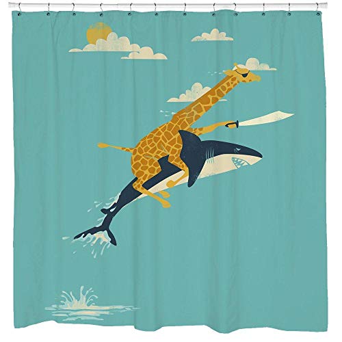 Minyose Fun Shower Curtain Set Giraffe Riding Shark Adventure Theme Awesome Bathroom Decor 70.8X70.8 Inch #TOP5