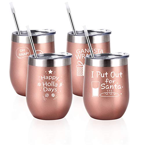 Flash Deals - 40% OFF Christmas Stemless Wine Tumbler Set of 4, Funny Christmas Gifts for Women Wine Lovers Mom Sister Best Friends, Housewarming Gifts, Insulated Stainless Steel Wine Tumbler with lid(12oz, Rose Gold)