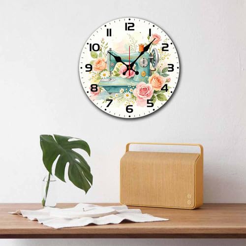 Geroclonup Horloge murale en bois pour machine à coudre - 25 cm - Fonctionnement à piles - Sans tic-tac - Style rustique - Pour chambre à coucher, salle de bain, salon, bureau, école – vue 5