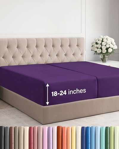 Image of Extra Deep Split King Fitted Sheet - Single Fitted Sheet Only - Purple | Easily Fits 18 inch to 24 inch Mattress, Soft, Wrinkle Free, Breathable & Comfy, Extra Deep Pockets Hotel Luxury Fitted Sheet
