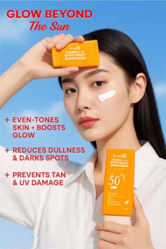 Image of Vitamin C + E Super Bright Sunscreen Spf 50 | Water-Light,UVA /UVB & Blue Light Protection | For Even Toned & Glowing Skin|With Liquid Spf 50+++ | For All Skin Types | 50G (1)