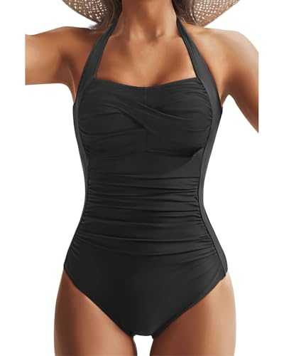Tempt Me Women Black Tummy Control One Piece Swimsuits Push Up Slimming Bathing Suits Halter Vintage Swimwear L