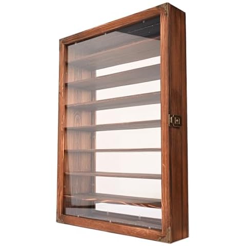 usego 8 Tier Shot Glass Display Case Mirror Backed Wall Mount Shot Glass Holder Cabinet with Removable Shelves Lockable Shadow Box with Acrylic Door for Shot Glass Storage (Brown, 1 Pcs) Cover