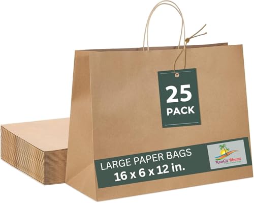 Image of Brown Paper Bags with Handles- 25pcs 16 inchx5 inchx12 inch Large Paper Carry Bags for Shopping, Retail Merchandise, Party Favor Return Gifting Paper Covers