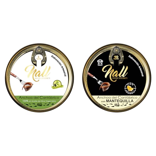 NALL DELICATESSEN (Pack 2 Latas) Anchoas del Cantábrico | Lata Anchoas XL 00 6 Filetes + Lata Anchoas XL con MANTEQUILLA 10 Filetes | Elaboración Artesanal