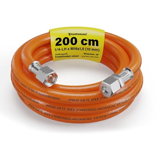 Gasschlauch 2 m – Gasschlauch Wohnwagen mit 1/4 LH Überwurfmutter auf 10 mm Schneidringverschraubung – Propangasschlauch für Caravan & Wohnmobil – Anschluss an Kupferleitung – DVGW zertifiziert