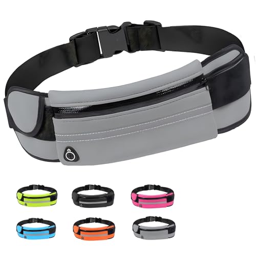 JYJLLM Slim Running Belt, Reflective Run Waist Belt for Workout Jogging with Headphone Port, Lightweight, Compact, and Large Capacity，Tight fit Without Shaking，Multiple Colors to (Grey)