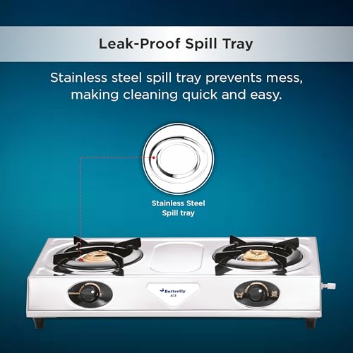 Image of Butterfly Ace 2 Burner Stainless Steel Gas Stove | Sturdy Pan Support| Rubber Legs| Silver