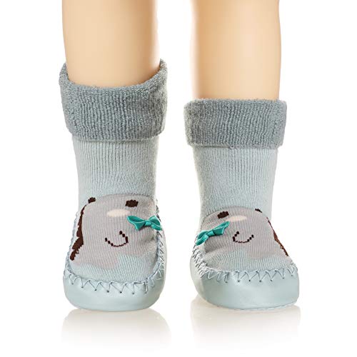 Baby Boy Girl Animal Moccasins Non-Skid Indoor Slipper Toddlers Winter Warm Shoes Socks (Green Dinosaurs, 6-12 Month)