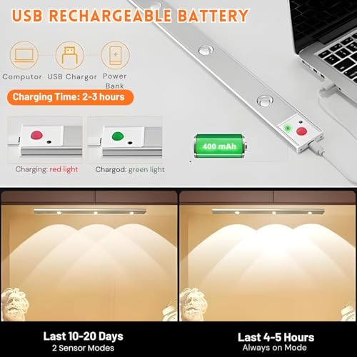 Image of One94Store 40cm Motion Sensor LED Light, Rechargeable 1200mAh Under Cabinet Lamp, Dimmable Wireless Stick-On Lighting for Closet, Kitchen, Wardrobe & Stairs (Pack of 3, Warm White)