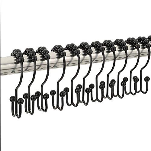 Yoocylii Metal Double Glide Shower Hooks Rings,Shower Curtain Rings Stainless Steel for Bathroom Shower Rods Curtains Hooks,Set of 12 (Matte Black)