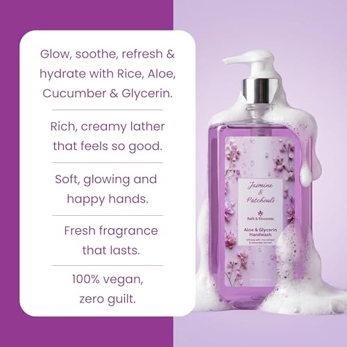 Image of Bath & Blossoms Jasmine & Patchouli Hand Wash 500 ml | Aloe Vera & Glycerin | Enriched with Rice & Cucumber Extract | Hydrating Gentle Hand Wash | Antibacterial formula | Vegan, Cruelty Free & 100% Paraben Free | Luxurious Hand Care