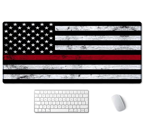 Image of SSOIU Extended Gaming Mouse Pad (35.5x15.7 in), Large Stable Rubber Base Mousepad with Stitched Edges, Keyboard Mouse Mat Desk Pad for Work, Game, Office, Home - Fire Fighter Thin Red Line Flag