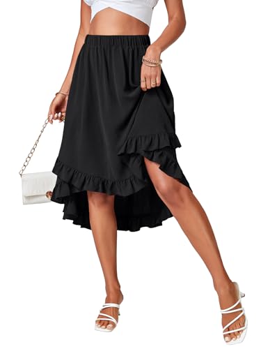 LYANER Women's Asymmetrical High Low Ruffle Hem Ruched Elastic Waist Boho Midi Skirt3