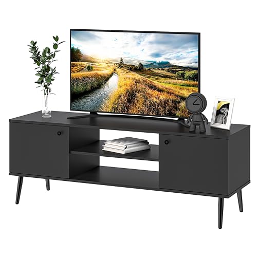TV Stand with Storage, Wood Media Console for 55/60 Inch TV, Modern TV Storage Cabinet Entertainment Center for Living Room, Bedroom, Black