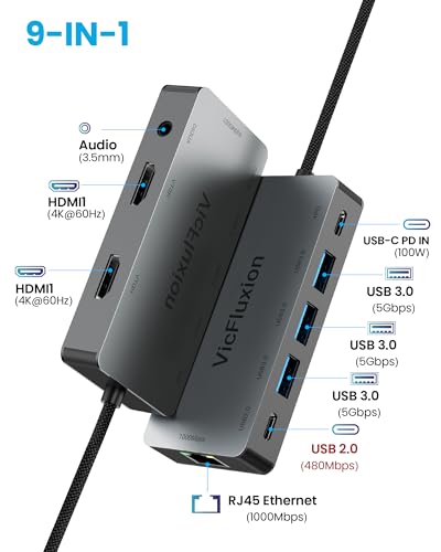 Image of USB C Docking Station Dual Monitor, 9-in-1 USB Hub with 2 HDMI 4K@60HZ, 1x1000Mbps Ethernet, 3x USB 3.0, 1x Type C, 1x PD Charging, 1x3.5mm Audio, Dock for Laptop /Computer /Tablets /Windows
