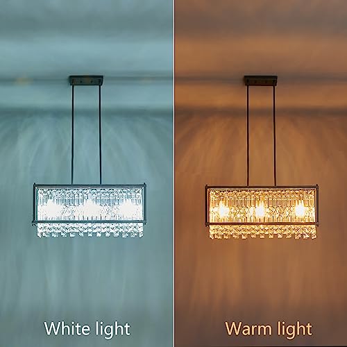 Image of LMQNINE Modern Rectangle Chandelier for Dining Room, Black Crystal Chandelier Linear Light Fixture, Farmhouse Chandeliers for Kitchen Island, Bar Table, L25.98'' x W9.84'' x H8.66''
