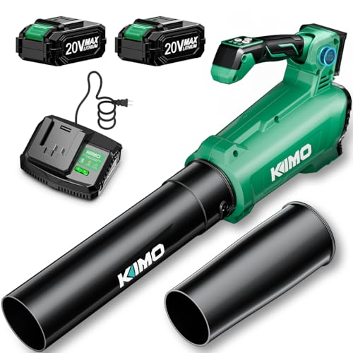 Image of KIMO Leaf Blower Cordless with Battery and Charger, 540CFM /220MPH, Precision Adjustment Handle, 3Speeds w / Visual Panel, Lightweight, 2 Extended Tube, 2* 2.0 Battery Powered Leaf Blowers for Lawn Care