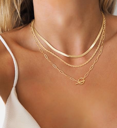 CHESKY Gold Layered Herringbone Necklaces for Women, Trendy 14K Gold Plated Paperclip Snake Chain Necklace Cuban Link Simple Chunky Toggle Clasp Necklace Set Fashion Jewelry2